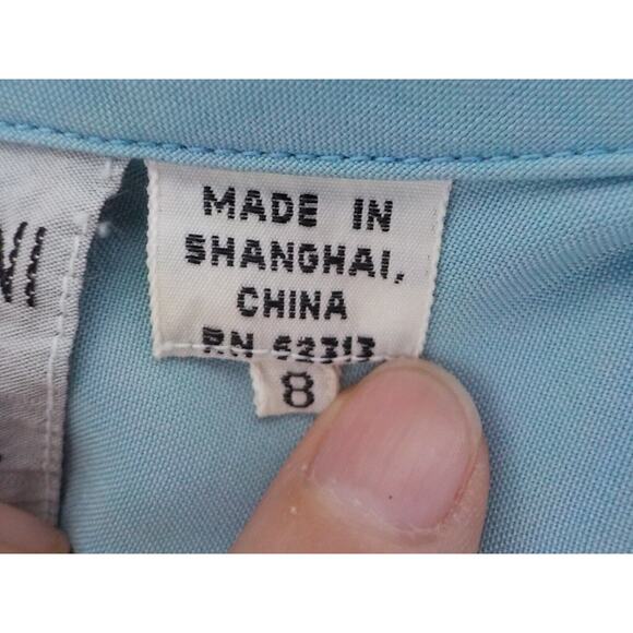 VTG 100% Silk Oleg Cassini Blue Teal Midi Dress Women 8 Faux Wrap Utility 90s - Picture 9 of 11